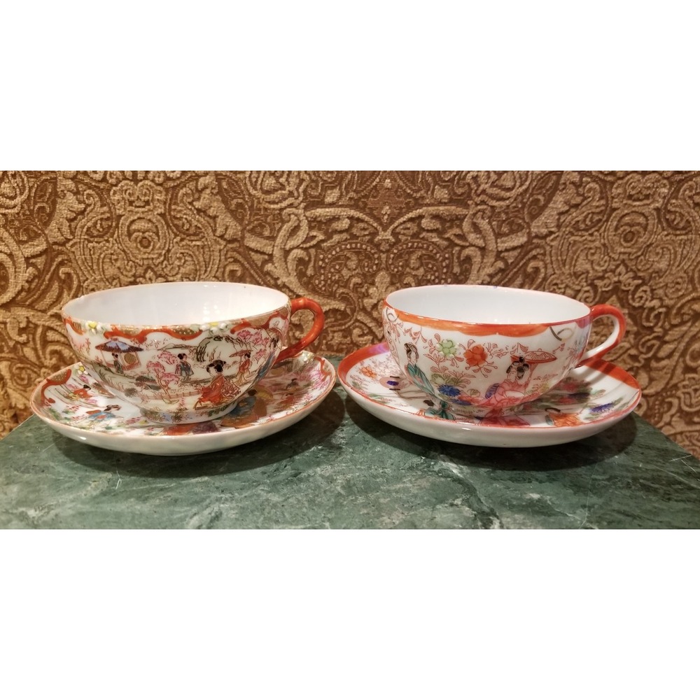 Antique Japanese Kutani Geisha Girl Hand Painted Cup & Saucer Set of 2
